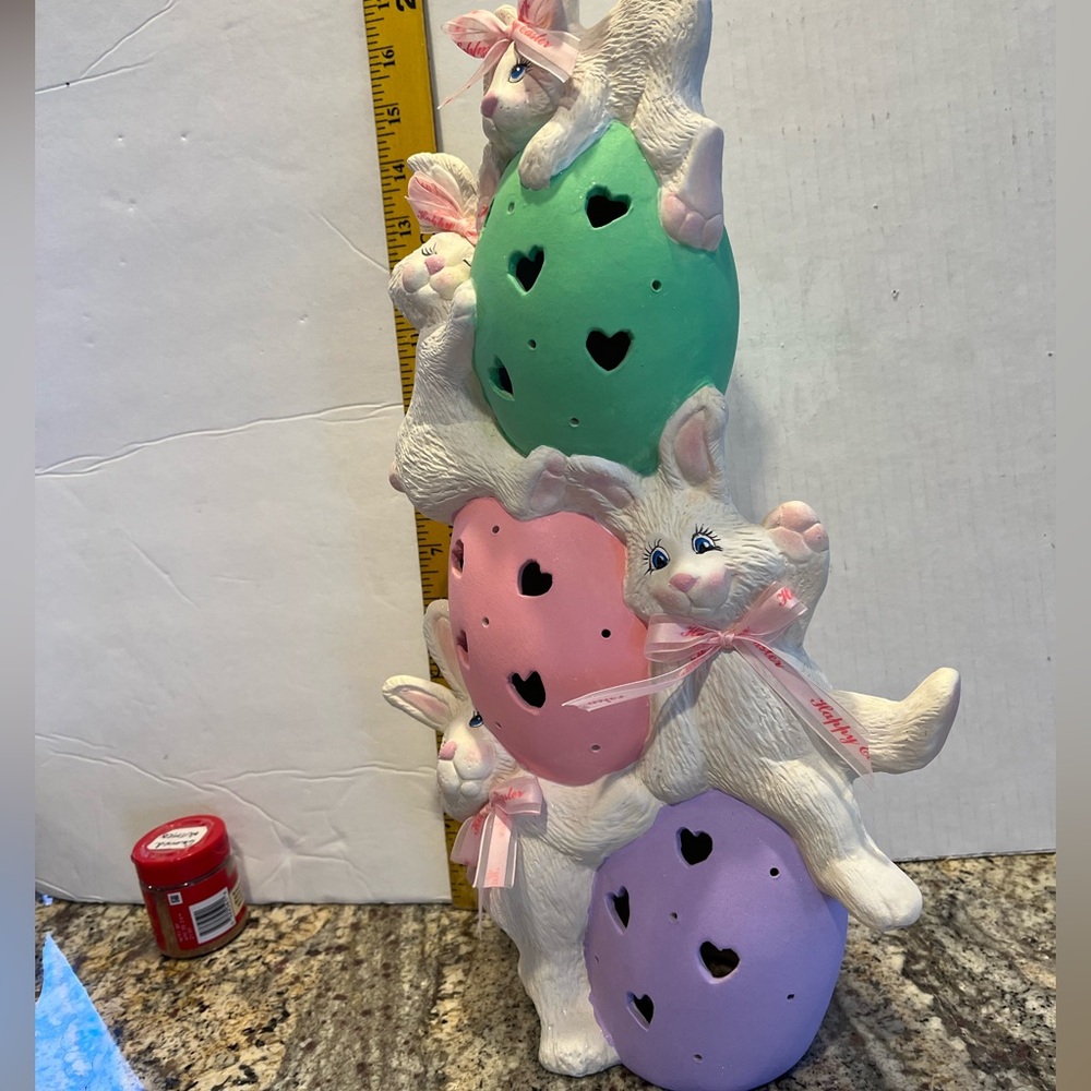 Bunnies on eggs. Ceramic light up